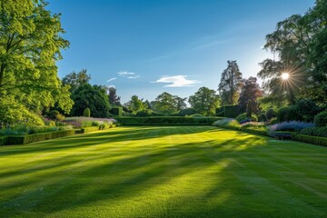 Sticker - High-Quality Photo of a Beautiful Garden Lawn Under a Vast Blue Sky, Capturing the Tranquility and Natural Beauty of the Landscape