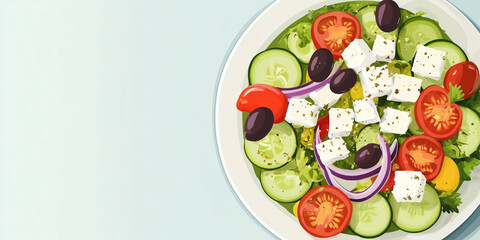 Wall Mural - Greek salad on a plate with cucumbers, tomatoes, red onions, olives, and crumbled feta