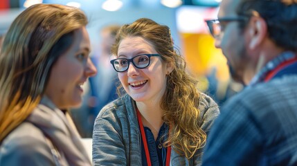 Group of People Talking at a Healthcare Conference Booth, Captured in a Happy and Engaging Environment with a Focus on Composition