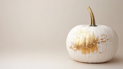 A white pumpkin with luxurious gold accents on a neutral background.