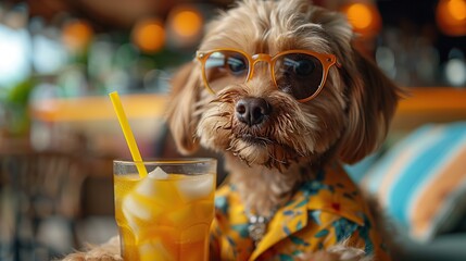 Dog Wearing Sunglasses and Hawaiian Shirt Holding a Glass of Iced Tea