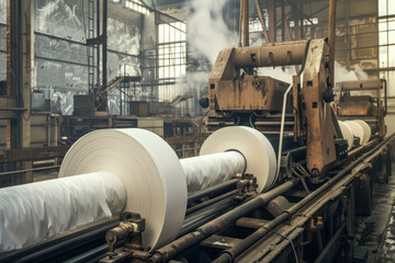 Industrial scene of a paper manufacturing factory with large rolls of paper being processed.