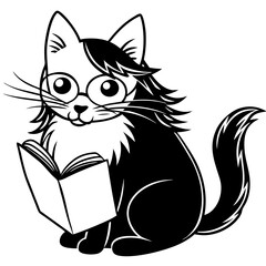 Charming White Cat with Glasses Reading a Book Vector Art