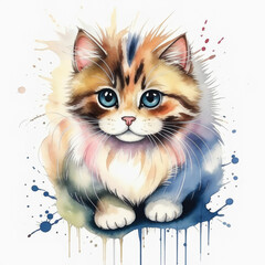 Wall Mural - a multicolored, brown striped fluffy cat. a pet. a beautiful pet. watercolor illustration. artificial intelligence generator, AI, neural network image. background for the design.