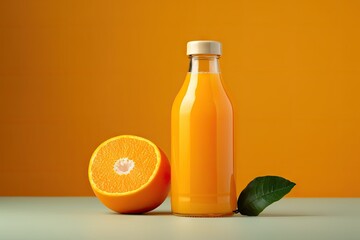 Sticker - Pouring citrus juice into a bottle with orange soft drink nearby. Fresh grapefruit and oranges. Vibrant orange color palette. Indoor setting for a refreshing fruit drink.