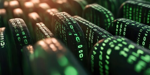 Close-up view of digital code representing binary data in a futuristic green theme, perfect for technology and security concepts.