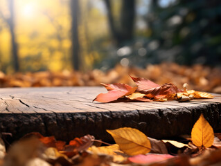 Wall Mural - Autumn abstract mock up with wooden table and blurred forest background, free copy space