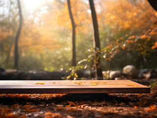 Wall Mural - Autumn abstract mock up with wooden table and blurred forest background, free copy space