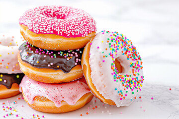 Colorful Sprinkled Donuts Stacked on a White Surface. Delightful Assortment of Pink Chocolate and White Frosted Donuts with Sprinkles. Sweet Treats Perfect for Any Occasion