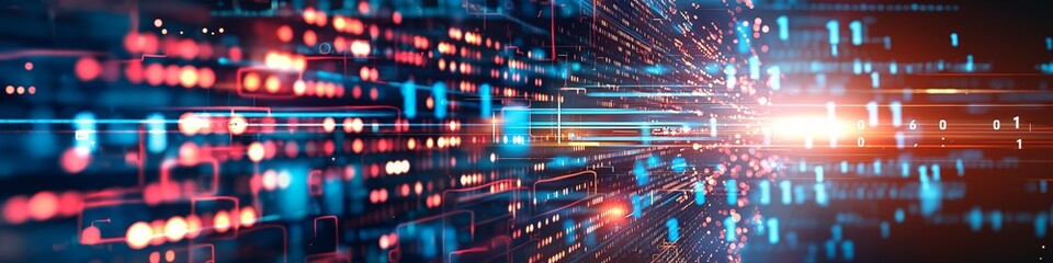 Abstract digital data stream background, glowing lights, futuristic technology concept.
