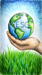 ESG is a framework that helps stakeholders understand how an organization is managing risks and opportunities related to environmental Hand holding earth on green grass. generative ai