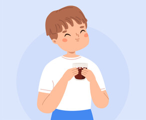 Sticker - Happy boy drinking sweet cacao with marshmallow. Hot beverage for toddler, christmas new year birthday party drink. Sweet dessert, vector kid character