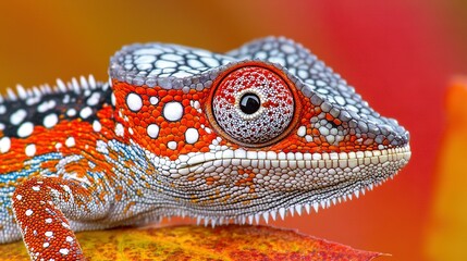 Poster -   Chameleon on leaf with red and white spots on face