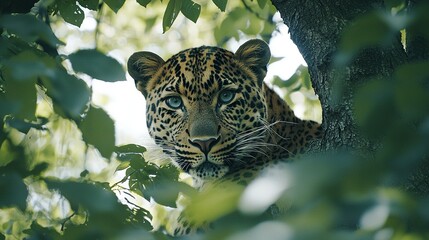 Sticker -   A close-up of a leopard peeking out from tree branches with leaves