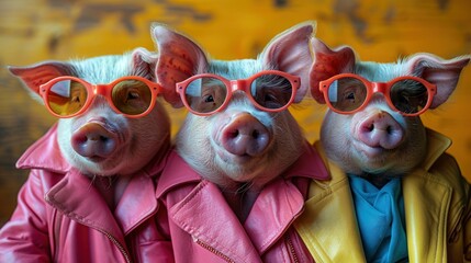 Wall Mural - Fashionable Pig Party: Vibrant Group in Outfits for Birthday Invite with Copy Space