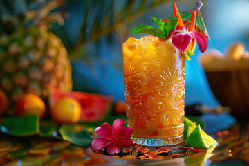 Sticker - juice with a garnish on a table with a brown cup and orange flower.