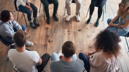 The gathering features several people seated in a circle on wooden flooring, actively engaging in conversation, sharing experiences, and supporting one another during a therapeutic discussion