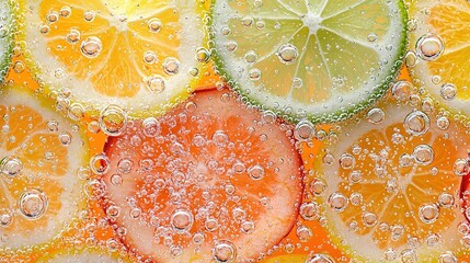 Sticker -   A few lemons, limes, and oranges sit on a table with small water droplets covering the surface