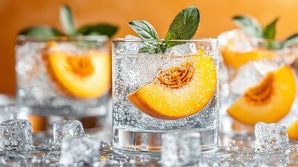 Sticker -   A clear photo of a glass filled with water, featuring a piece of fruit perched atop the brim and several ice cubes surrounding it