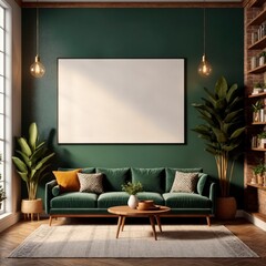 A living room with a green wall and a large white framed picture on it. The couch is covered in green velvet and there are two potted plants in the room. The room has a modern