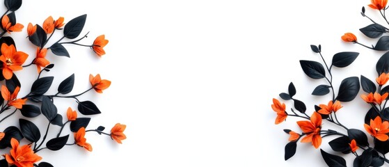 Wall Mural - Beautiful arrangement of vibrant orange flowers with dark green leaves on a white background. Ideal for floral-themed designs and backgrounds.