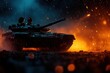 © MagicAI - A dramatic shot of a tank advancing through a fiery battlefield, showcasing the power and intensity of military warfare.