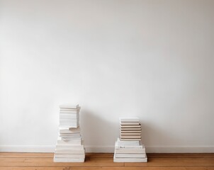 Two stacks of books are on a wooden floor, one stack is taller than the other