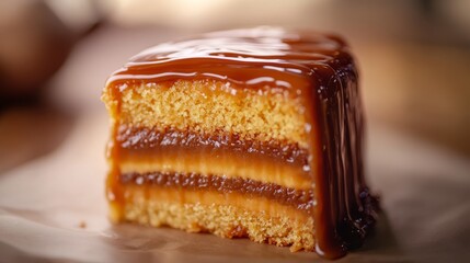 Wall Mural - A slice of caramel cake with a soft caramel filling. The cake has a soft, moist texture and is light brown in color with a caramel frosting.