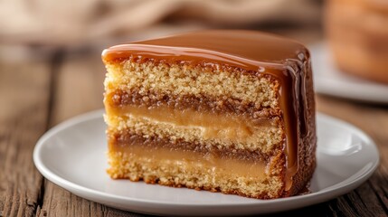 Wall Mural - A slice of caramel cake with a soft caramel filling. The cake has a soft, moist texture and is light brown in color with a caramel frosting.