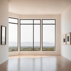 Wall Mural - A large room with a view of the mountains. The room is empty and has a minimalist design