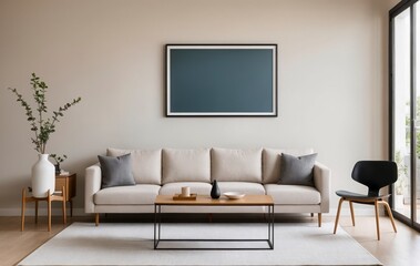 Wall Mural - A living room with a white couch, a coffee table, and a chair