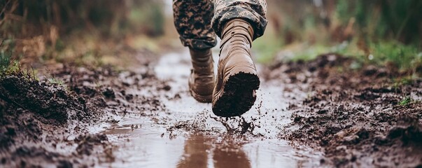 Soldier running through mud puddles during training exercise