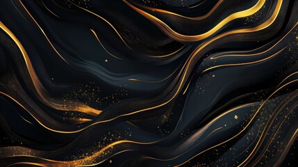 Wall Mural - Abstract black and gold wave pattern with glittering accents, ideal for backgrounds or designs.