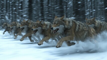 Sticker -   A pack of wolves sprinting through snow, surrounded by trees and blanketed earth