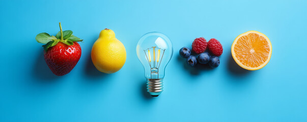 Wall Mural - Fresh fruits and light bulb on blue background, creative concept