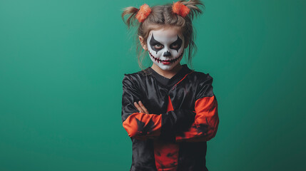 Wall Mural - Child standing in halloween costume on green background