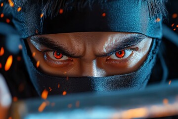 a dramatic scene of a ninja emerging from the shadows, with their katana drawn and eyes focused, rea