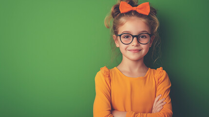 Wall Mural - Child standing in halloween costume on green background