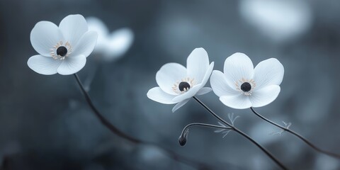 An abstract background featuring delicate white anemone flowers with black centers, creating a serene and gentle atmosphere