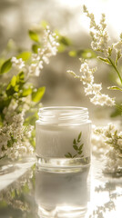 glass jar filled with cream surrounded by delicate white flowers and green leaves set in soft natural sunlight 