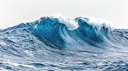 Wall Mural -   A giant azure wave rises in the center of the vast blue sea, surrounded by a brilliantly clear white sky, while a lone figure balances gracefully atop a surfboard