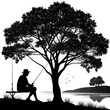 © Irina - A man sits under a tree fishing peacefully beside a calm lake at sunset. Generative AI