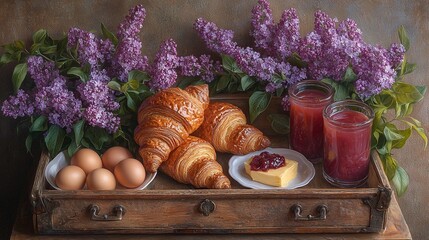 Wall Mural -  A painting depicts a wooden box with croissants, eggs, and jam