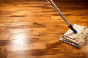 generated illustration of close up view of mop on parquet floor of room