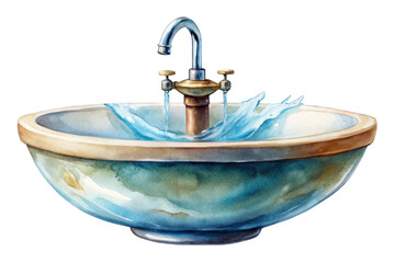 A beautiful watercolor illustration of a sink with running water, symbolizing cleanliness, refreshment, new beginnings, and the importance of hydration. The image is perfect for representing bathroom 