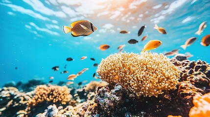 Sticker -   An underwater perspective of a vibrant coral reef where diverse small and big fish frolic in the surrounding water