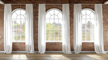 Poster -   Brick wall with three arched windows and wooden floors in front