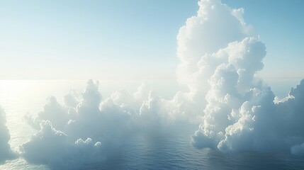 Poster -   A group of clouds in the sky over a body of water with a plane in the center of the image