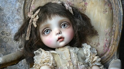 Wall Mural -   Close-up of doll seated on chair with stuffed animal on its head