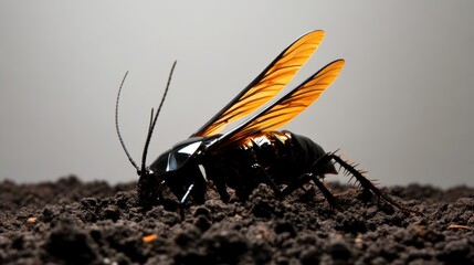 Close-up of a wasp on soil, showcasing its detailed wings and body structure in natural light. Perfect for entomology and nature-related themes.